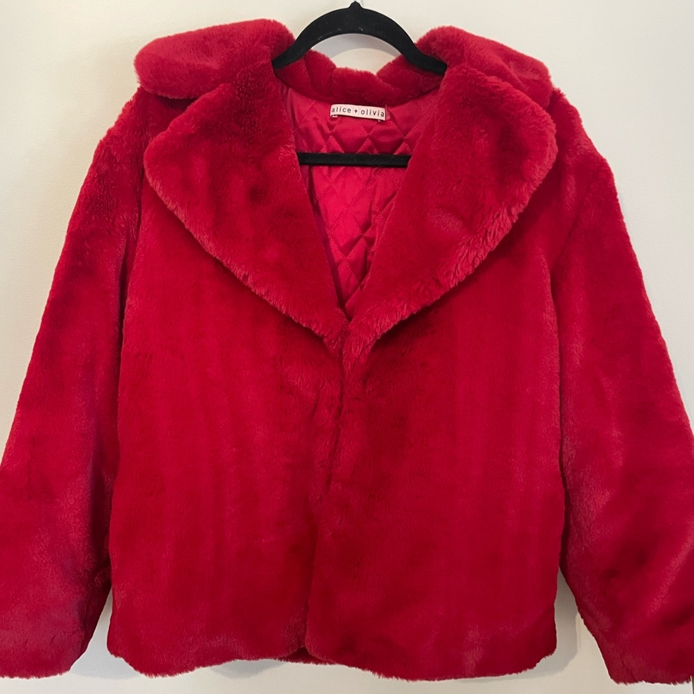 Alice + Olivia Vibrant Red Faux Fur Coat